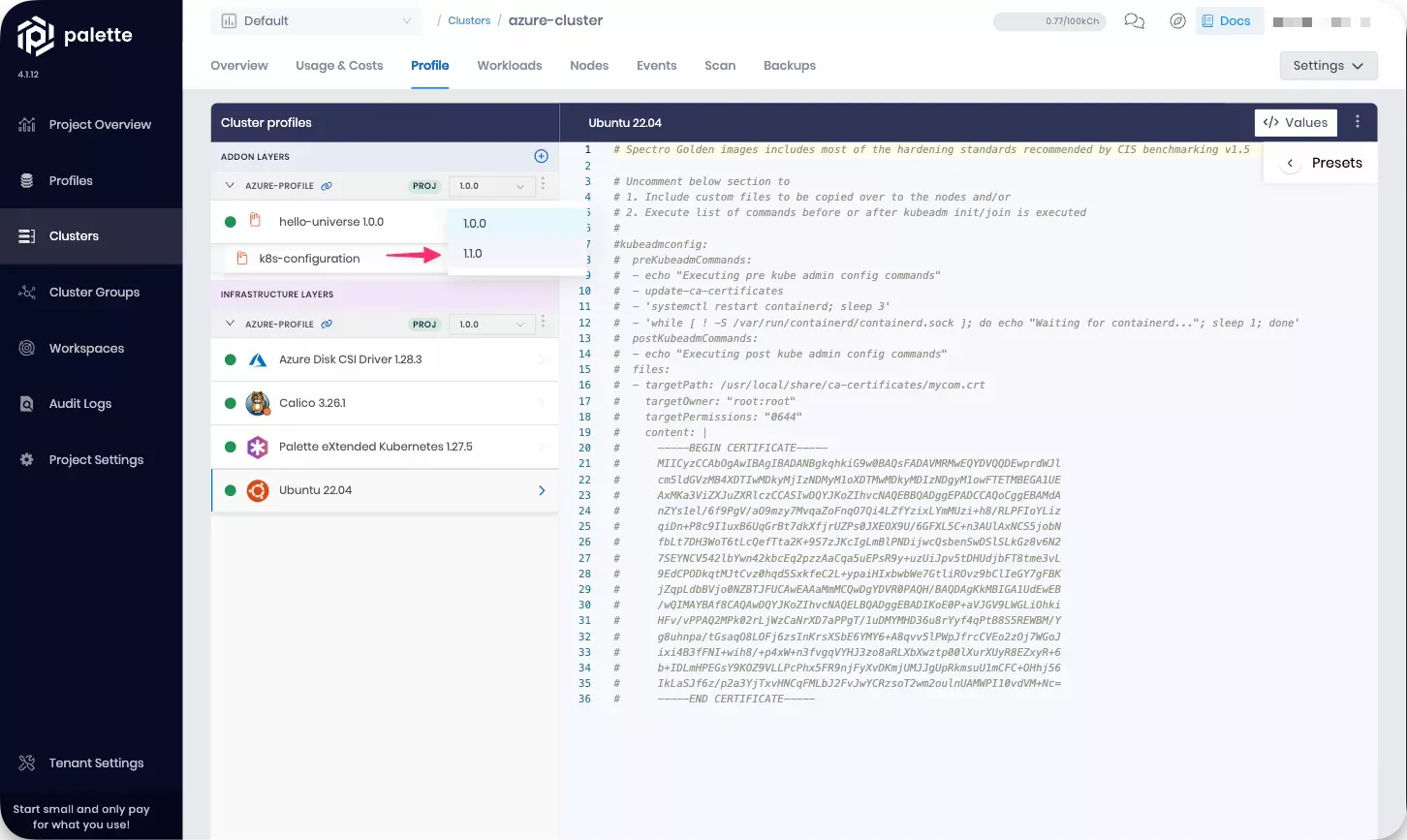 Image that shows how to select a new profile version for the cluster